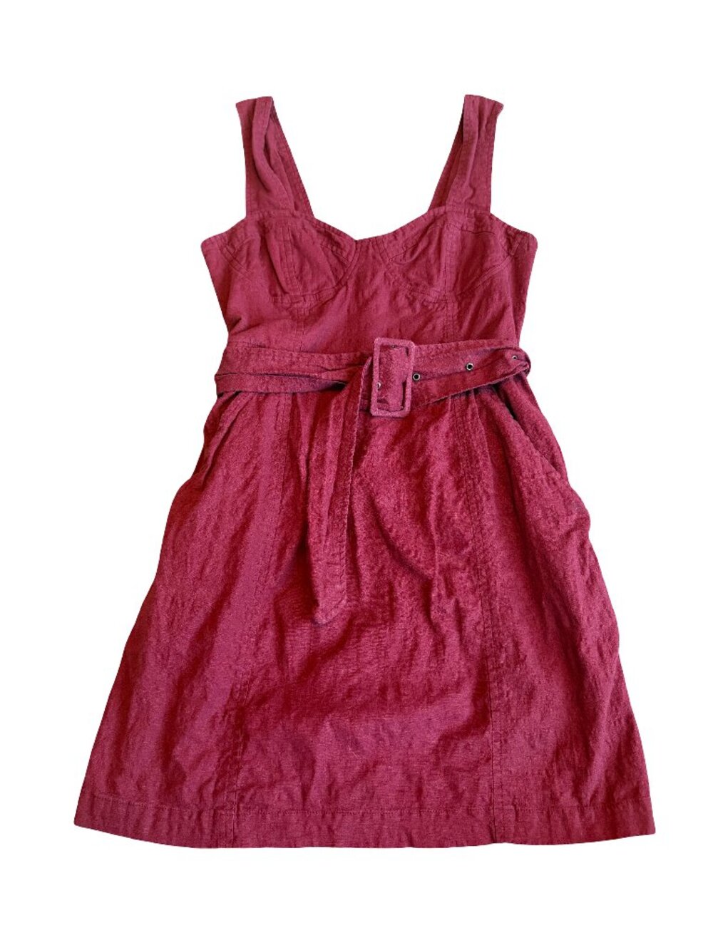 Urban Outfitters Burgundy Linen Belted Sundress Sleeveless Aline Size 0 Women's